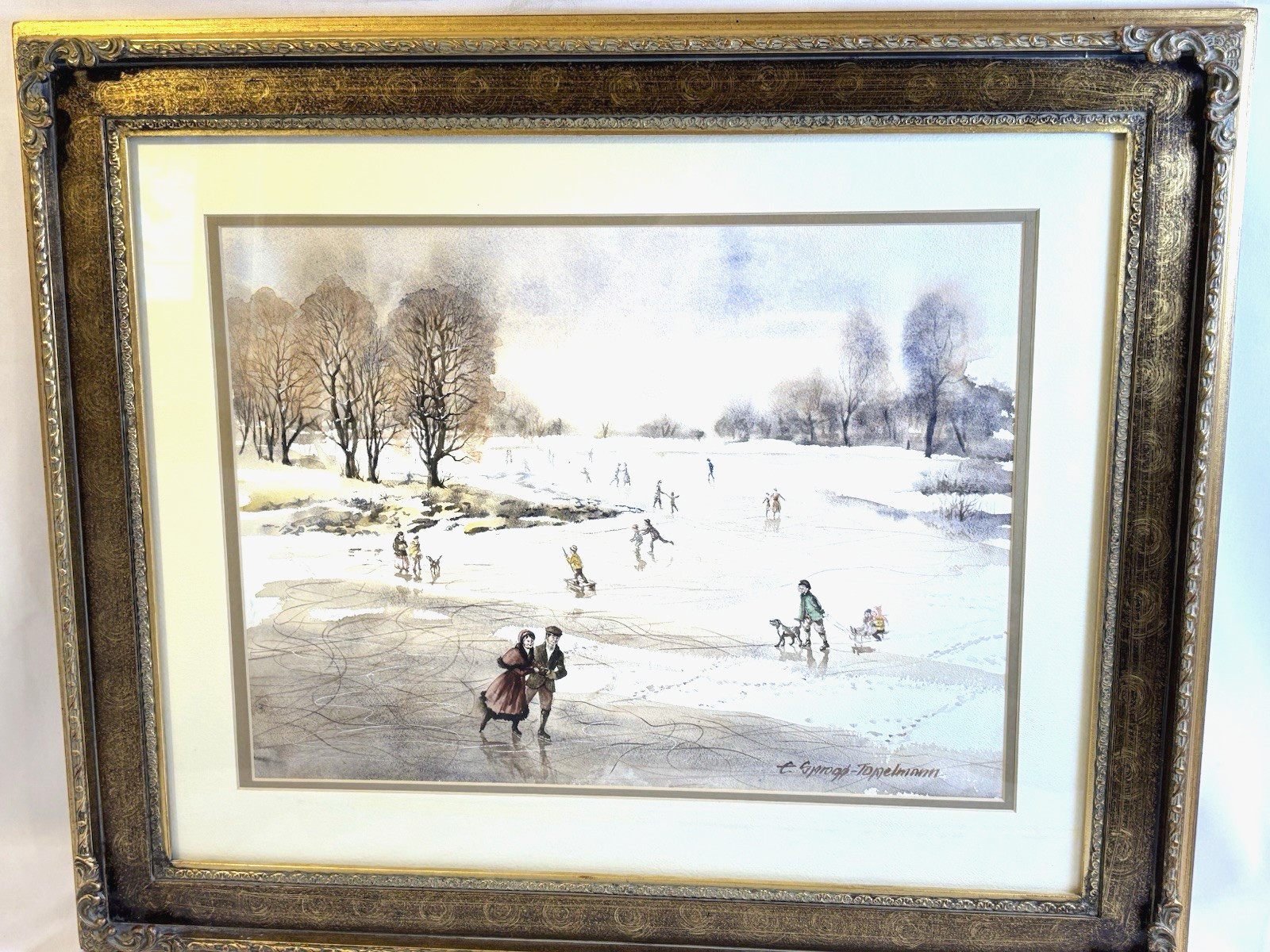 WINTER Snow Couple Mantle Painting E.Sprogoe-topelmann artist Painting