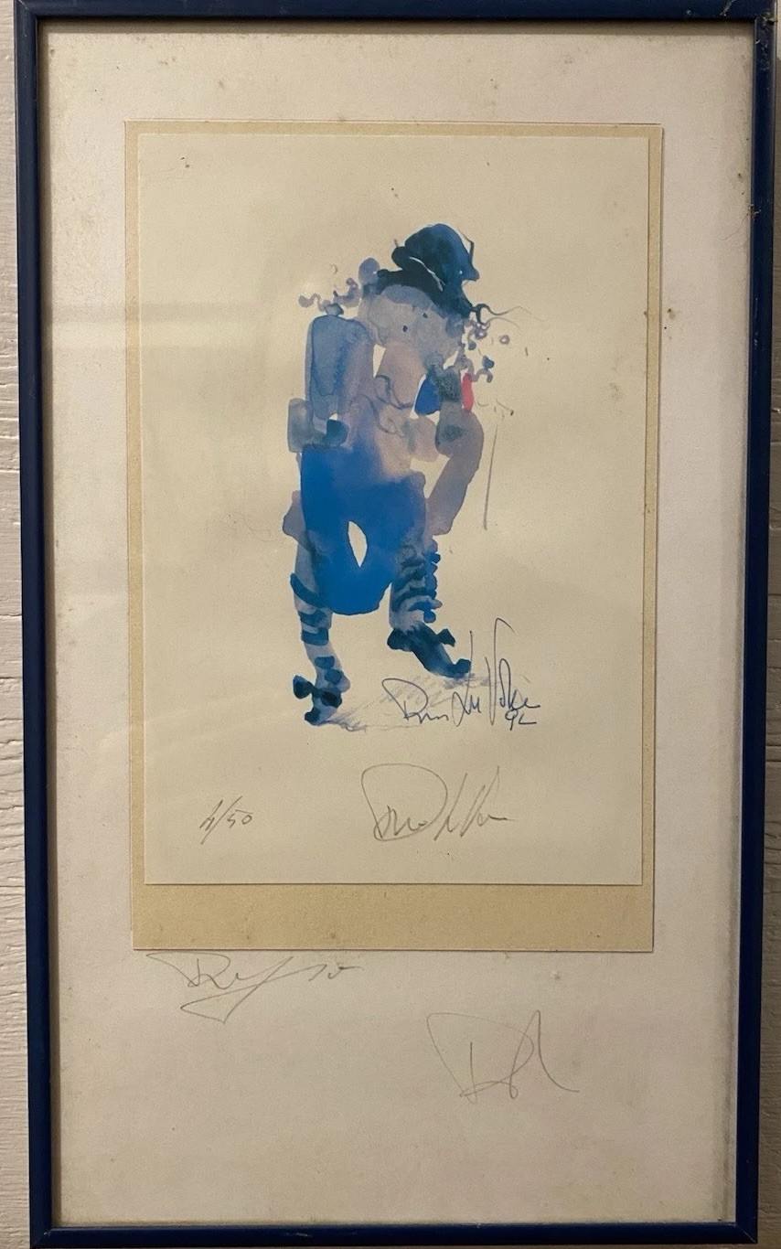 Signed Modernist Blue Figure Watercolor Abstract Expressionist Framed Art