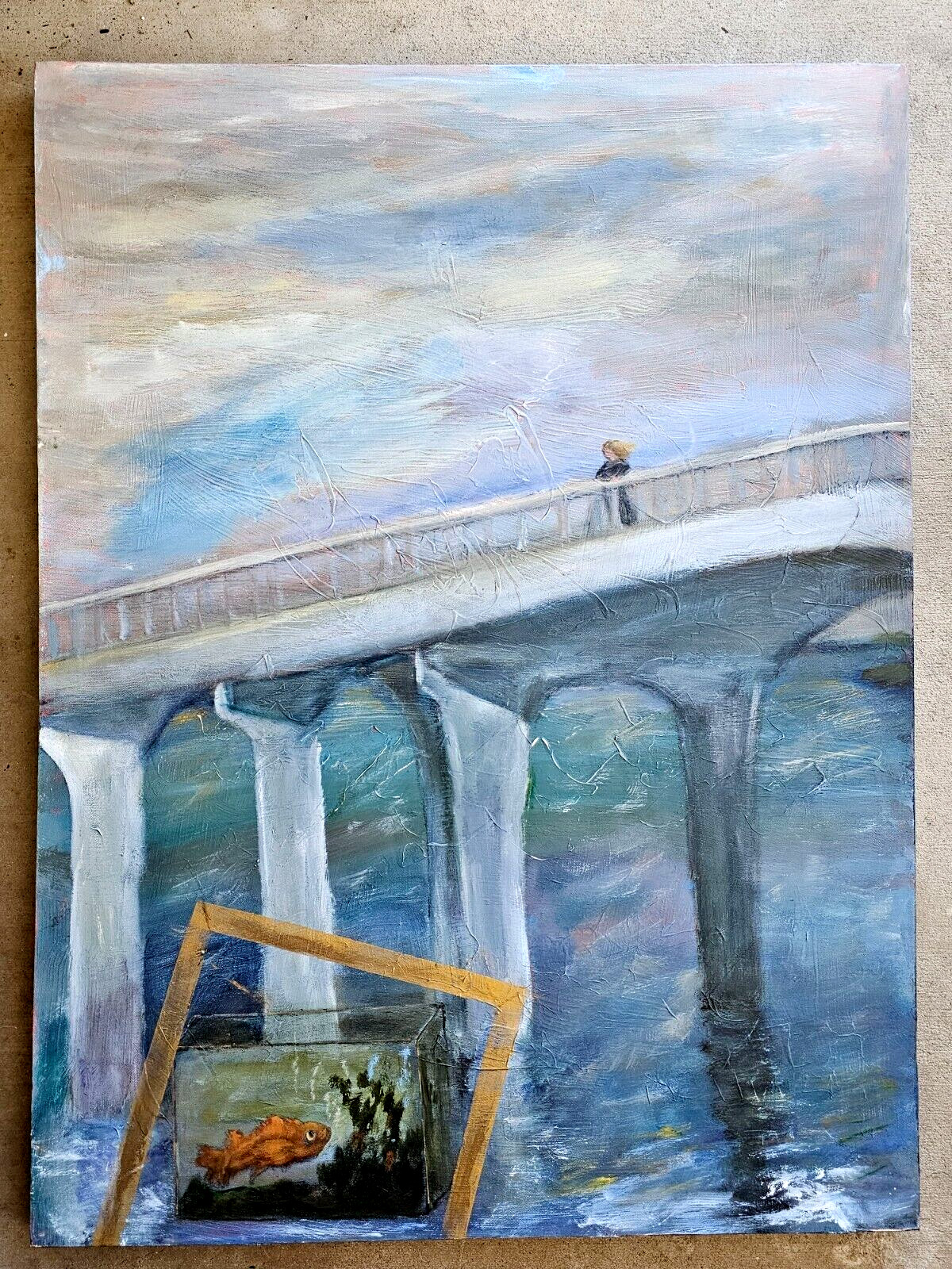 Goldfish Fish Tank Bridge Human Figure Original Abstract Expressionist Painting