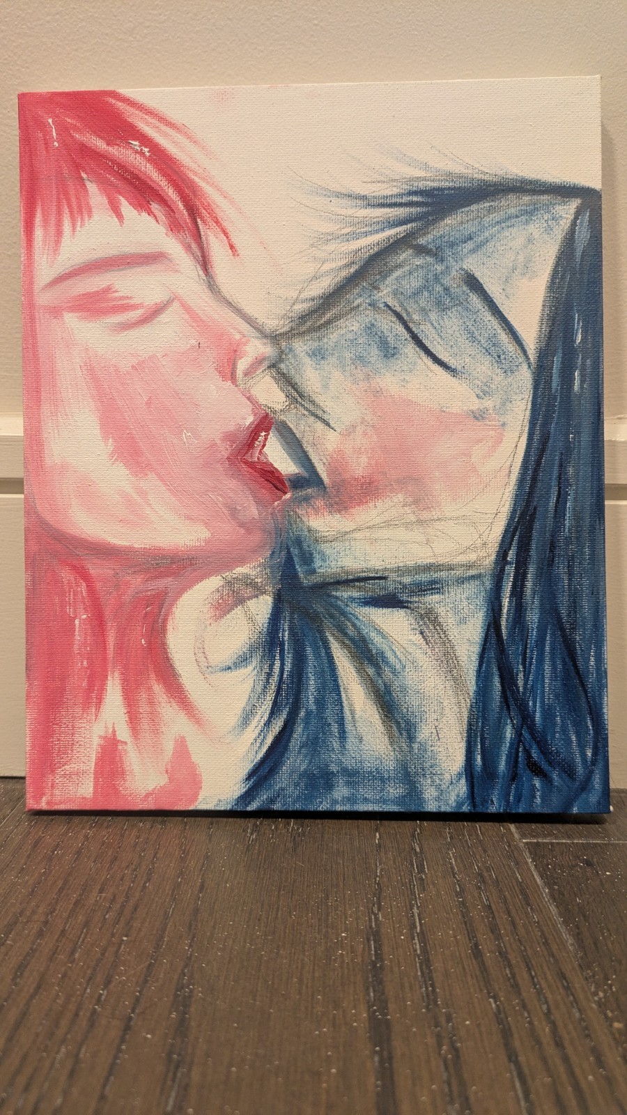 Original Gouache Canvas Painting, Red Blue Lesbian Handcrafted Art