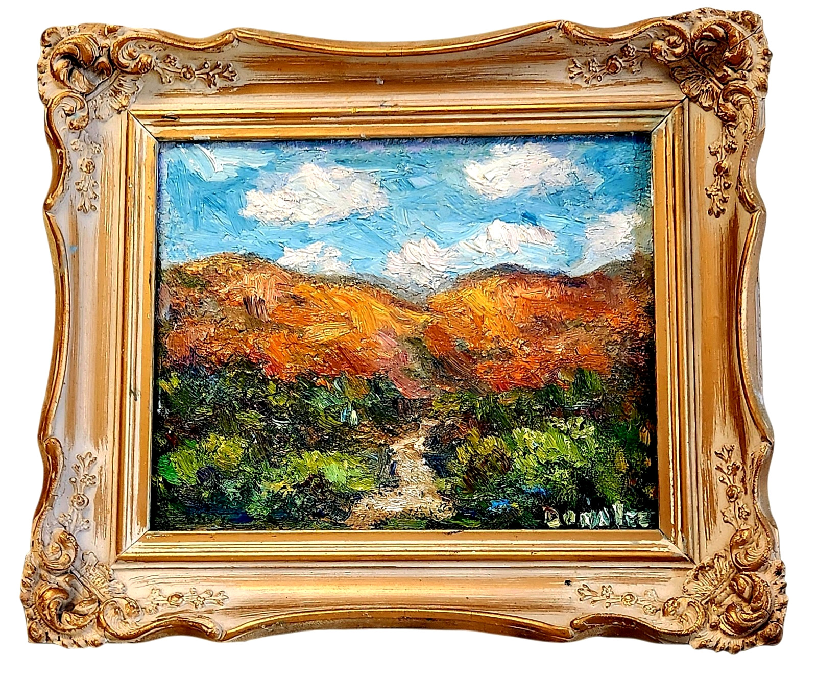 Oil Painting Landscape Red Mountains Bosque Trees Impasto Frame – Donalee