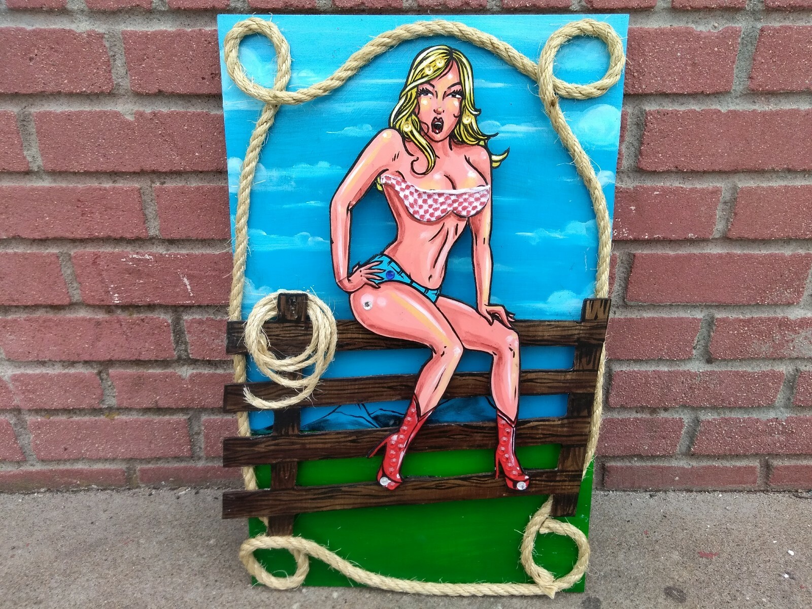 Original 3D painting/sculpture pin-up cowgirl country western sexy cowboy legs