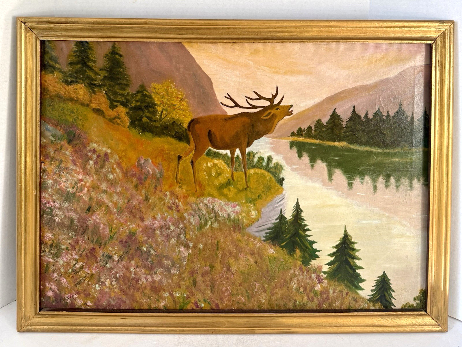 Vintage Original Art Painting of Elk by R. Polvin, Signed, Oil, Framed