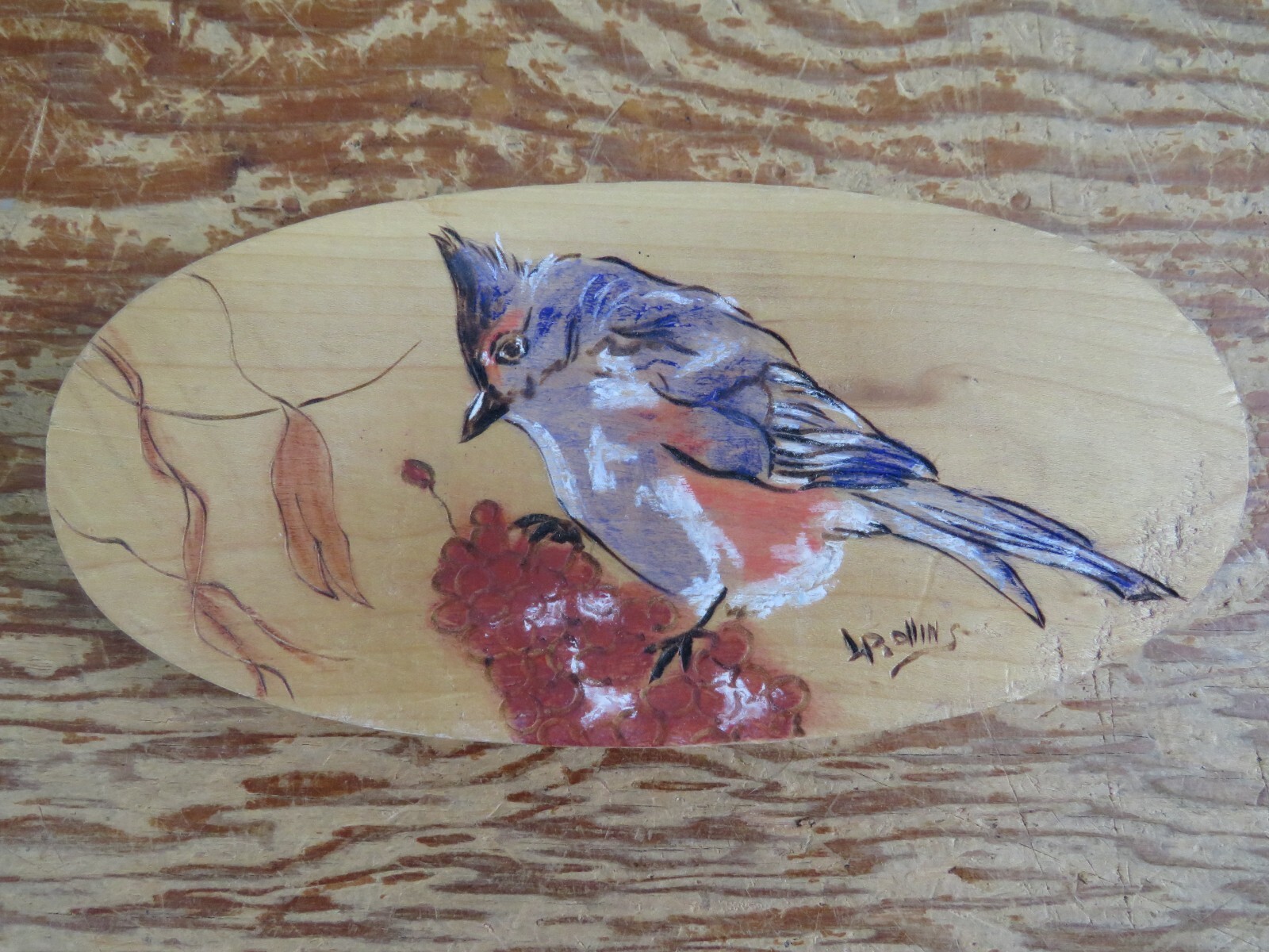 vtg Original Wood Buring Art – Bird Eating Berries – Rollins 3.5″x7.5″x.75″