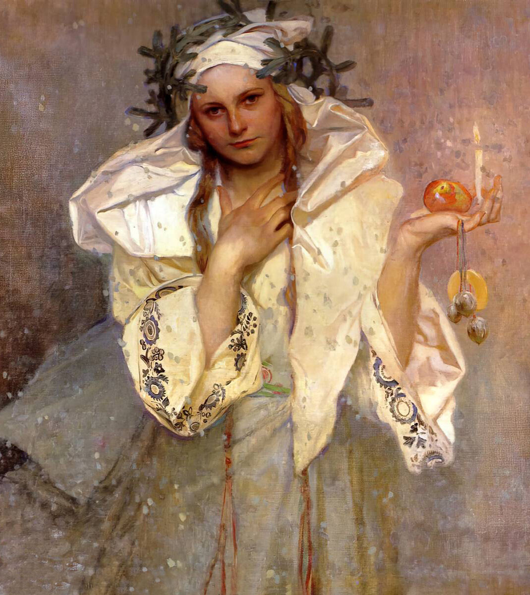 Oil painting lady woman & Candle Alphonse-Maria-Mucha-Christmas-in-America art