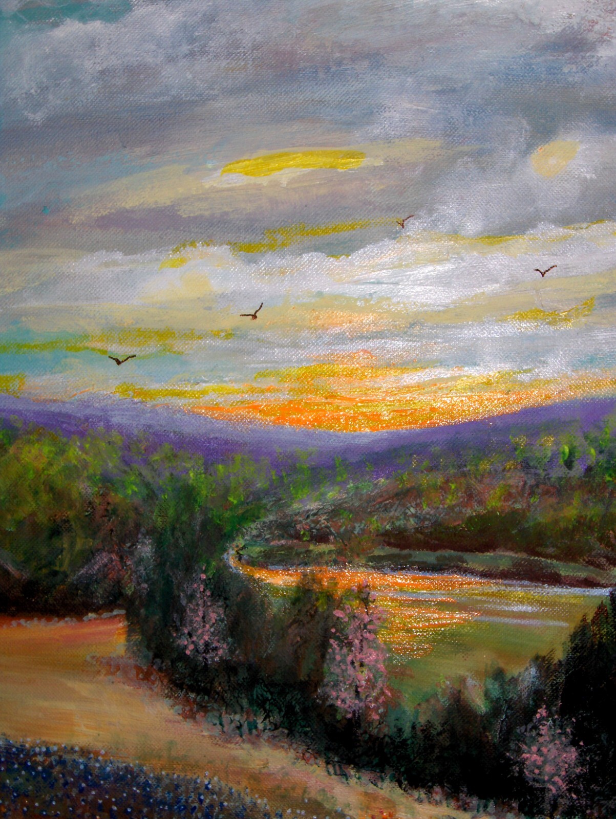 LARGE ORIGINAL Bluebonnet Landscape Lake Creek Blooming Tree Vintag Cnv Painting