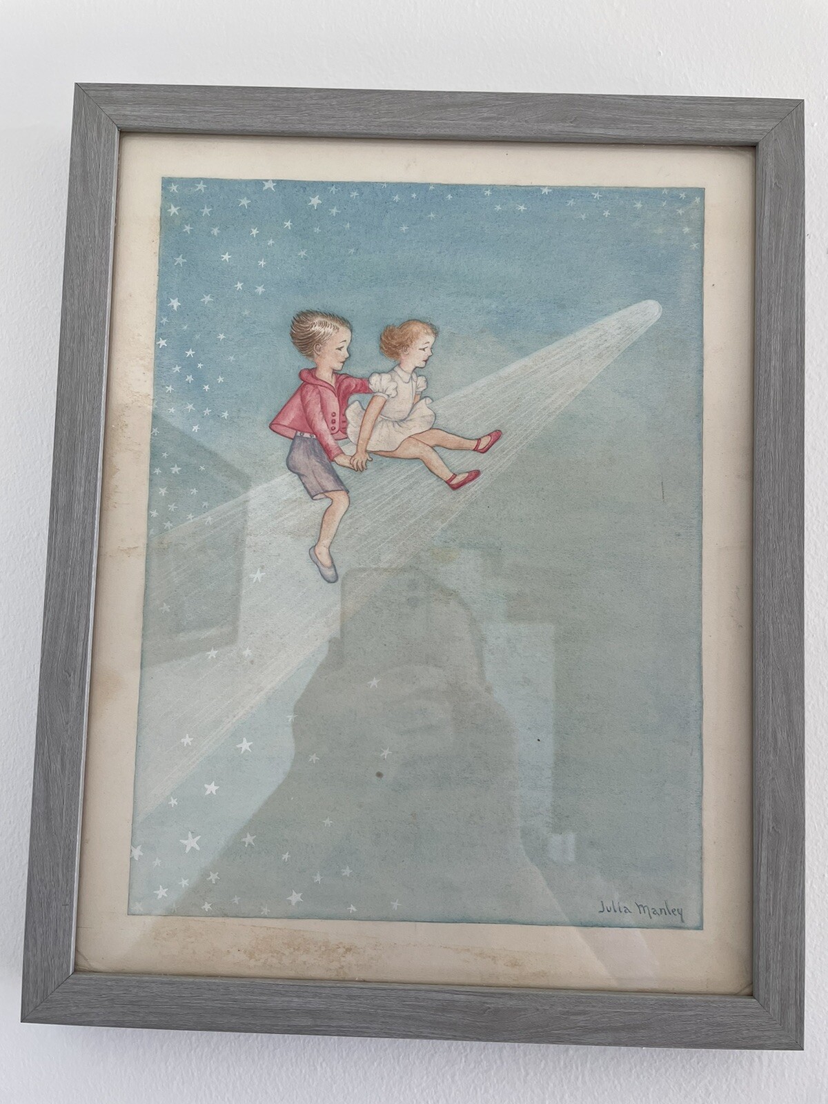 Listed Artist Julia Frances Manley (1905) Painting: Children on a Shooting Star