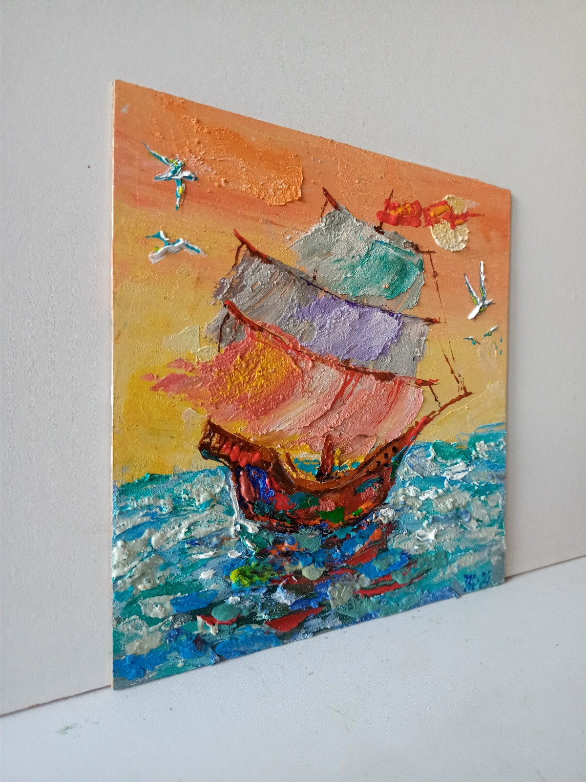 Sailboat Impasto Painting Original Art Impression Oil Painting 7.8 x 7.8 in