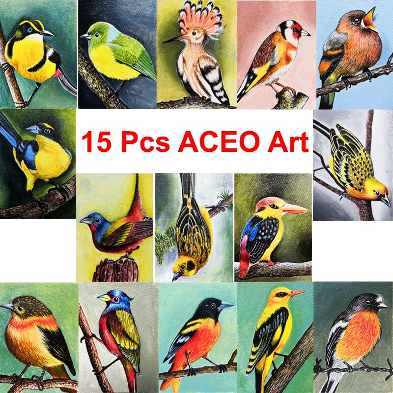 15Pcs Original Painting Miniature Drawing Art ACEO Bird Animal Portrait Hand