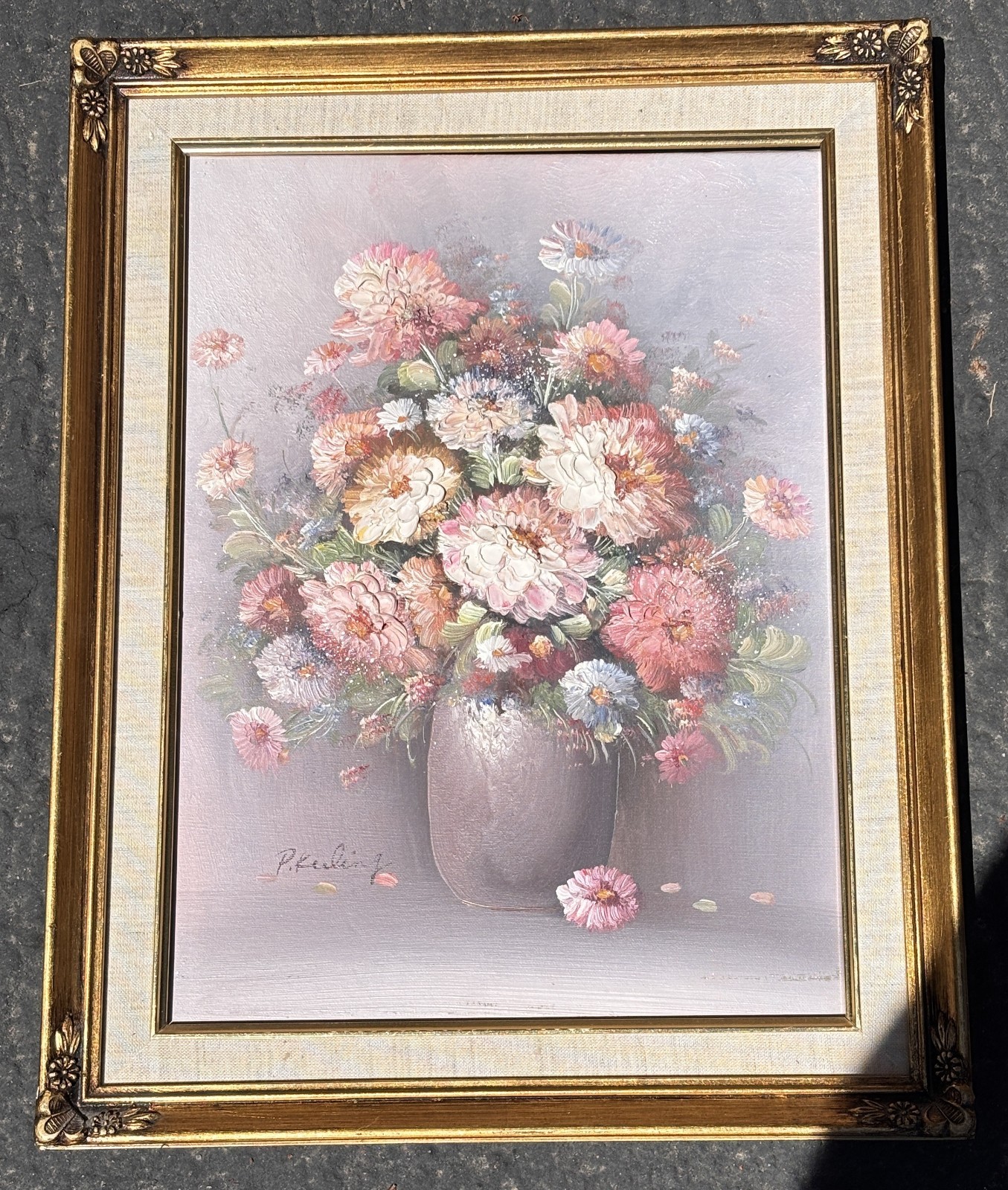 Vtg P. Keeling Original Oil Painting Framed Heavy Impasto 3D Textured Floral