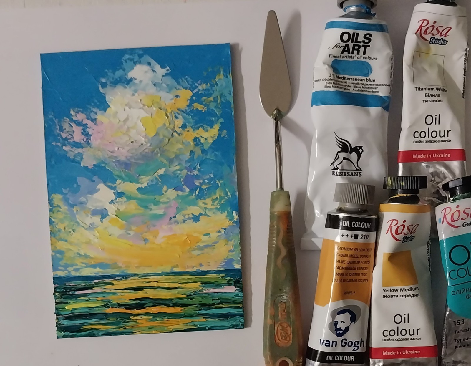 Framed Mini Seascape Golden Sunset Clouds Evening Sea 4×6” Original Oil Painting