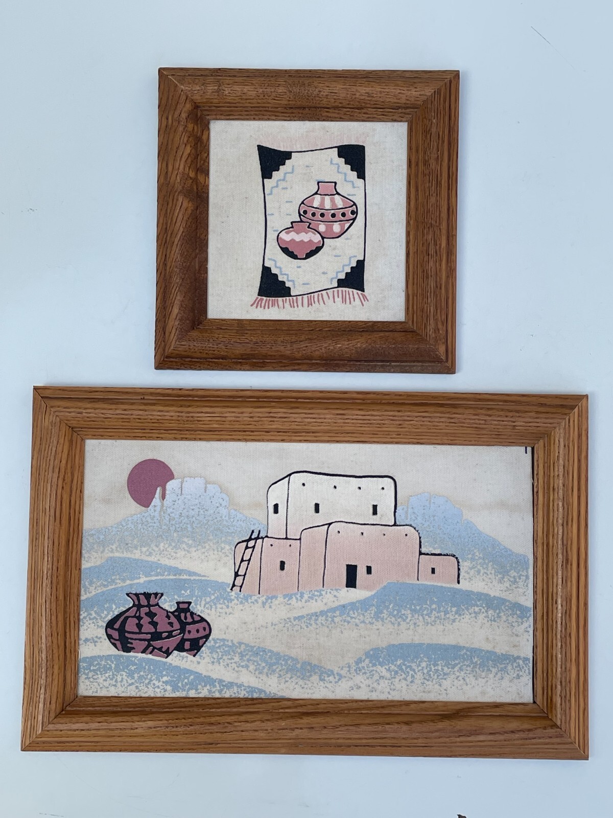 2 VTG Southwest Pottery Vase Moon Desert Painting On Canvas Wood Frame Wall Art
