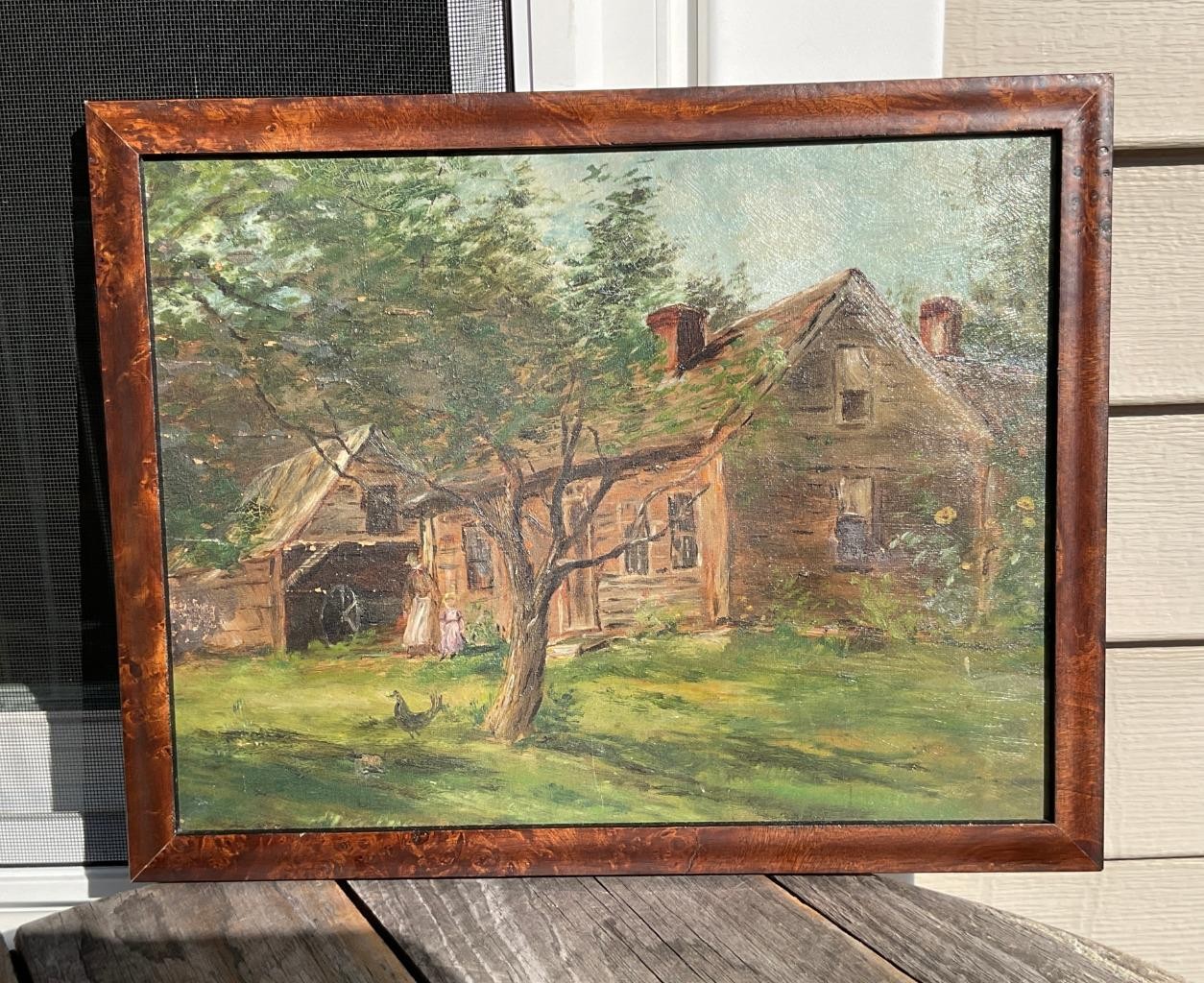 Vintage Oil Painting Rustic Cape & Barn Farmhouse Dark Wood Framed Brown Green