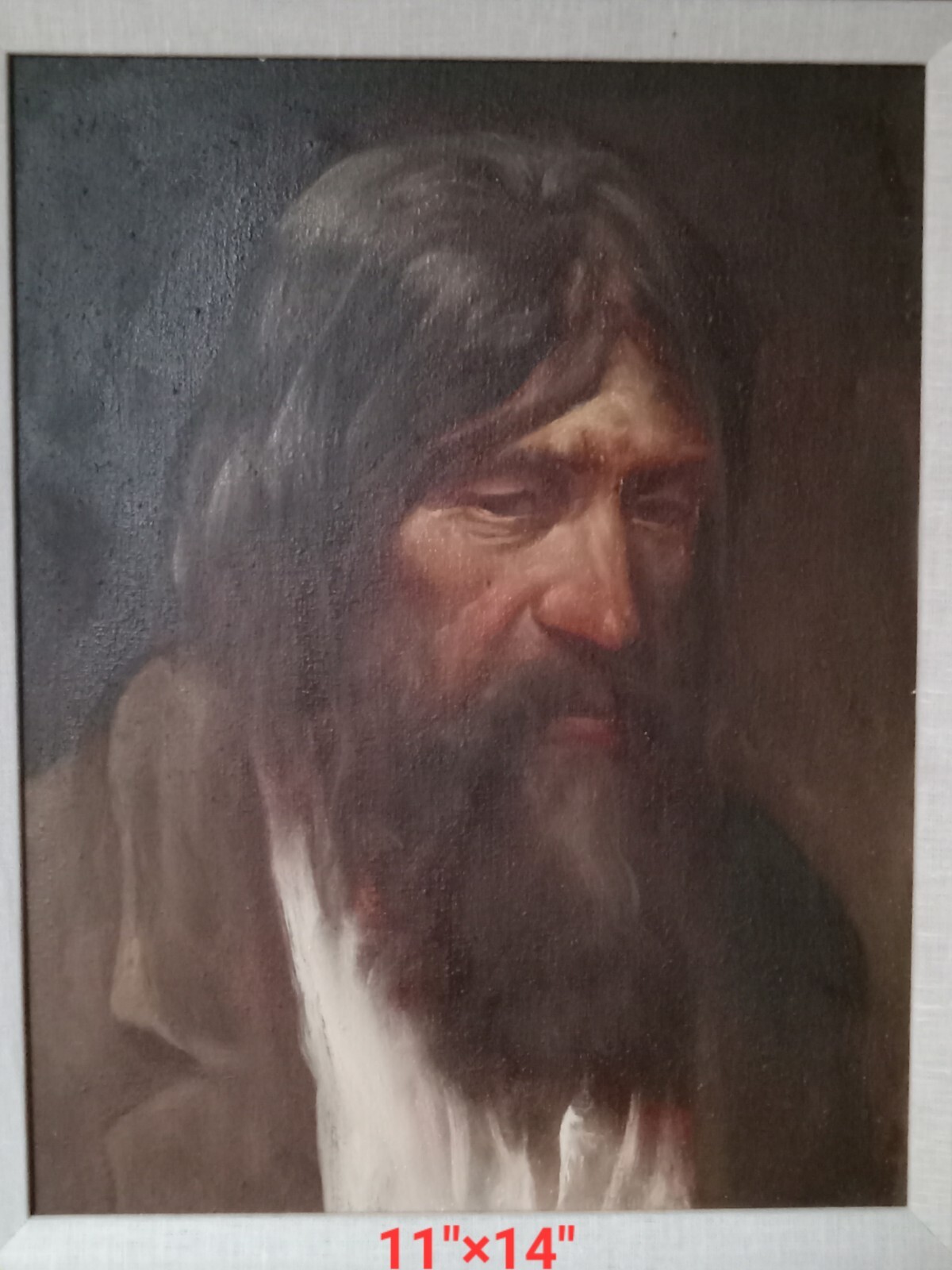 Vintage Oil On Stretched Canvas Of Sorrowful Bearded Old Man Signed In Pencil