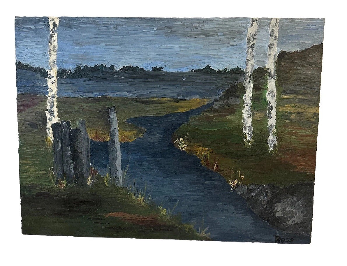 Vtg Birch Trees Landscape Painting Signed Winding River OOAK Cabincore Cottage