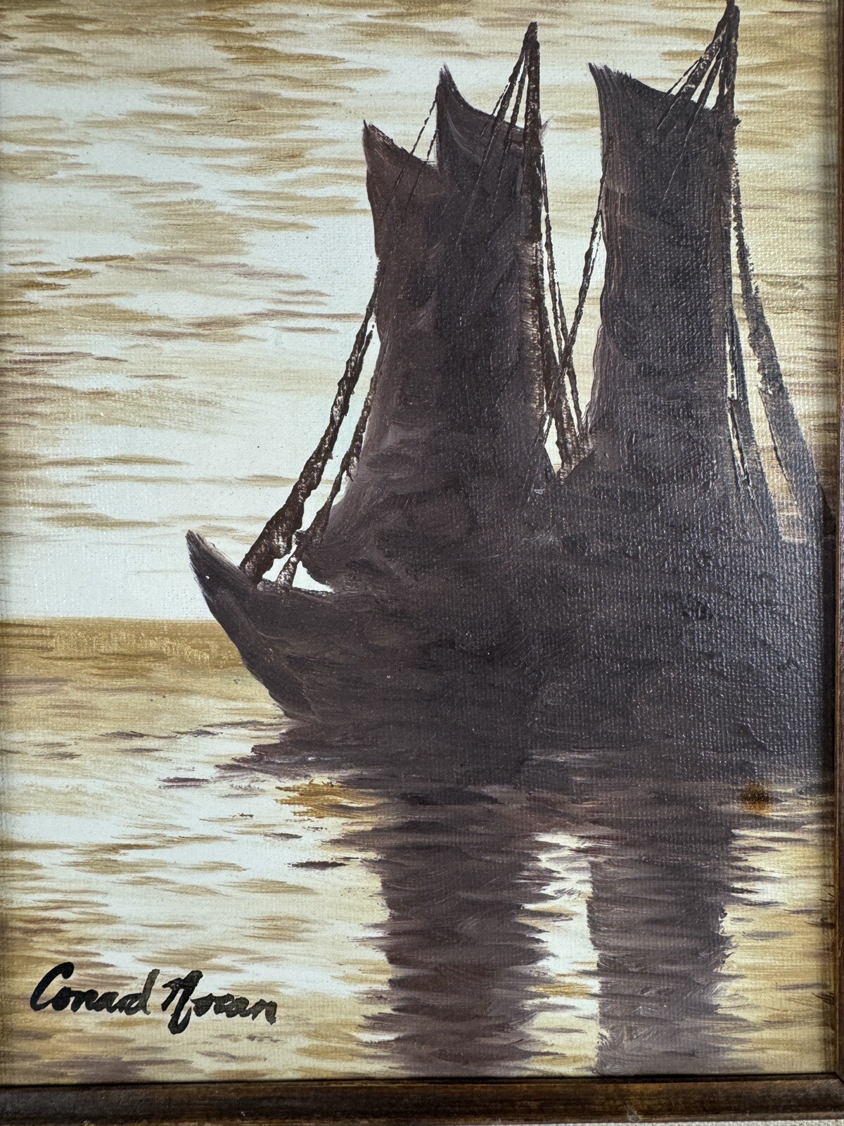 Signed Realist Impressionist Painting of Ships at Sea 15×17 Inches Framed Art