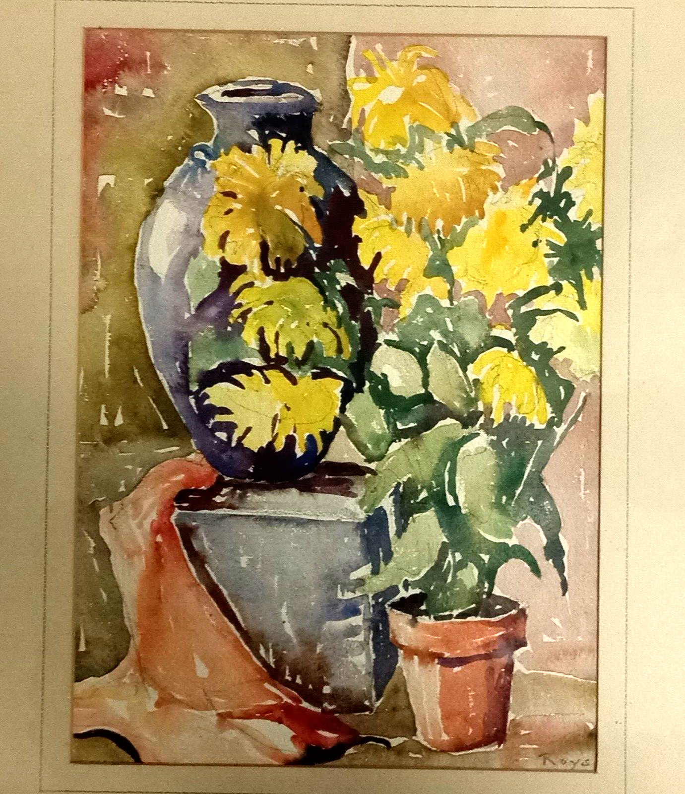 Beautiful Original Watercolor Painting Flowers and Vases by Roys 22″ X 17 1/2″