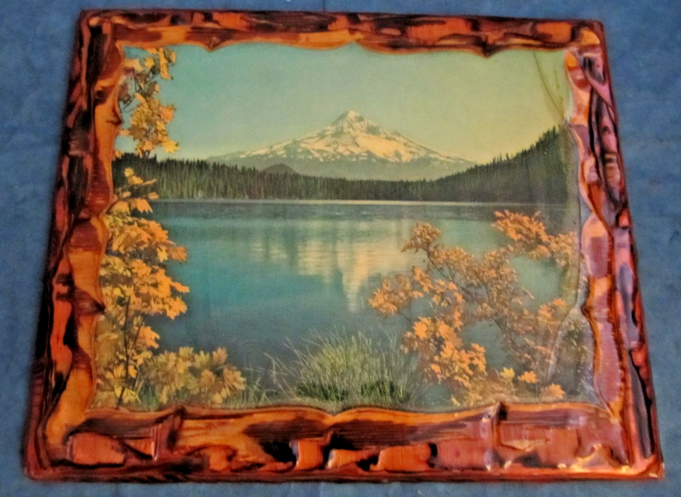 Vintage 1970’s clear Resin & wood/Litho image of Mount Hood