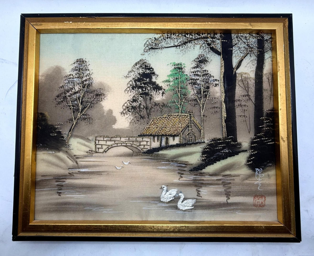 Vintage Japanese Silk Embroidery Landscape Framed Art Mid-Century Gold Thread