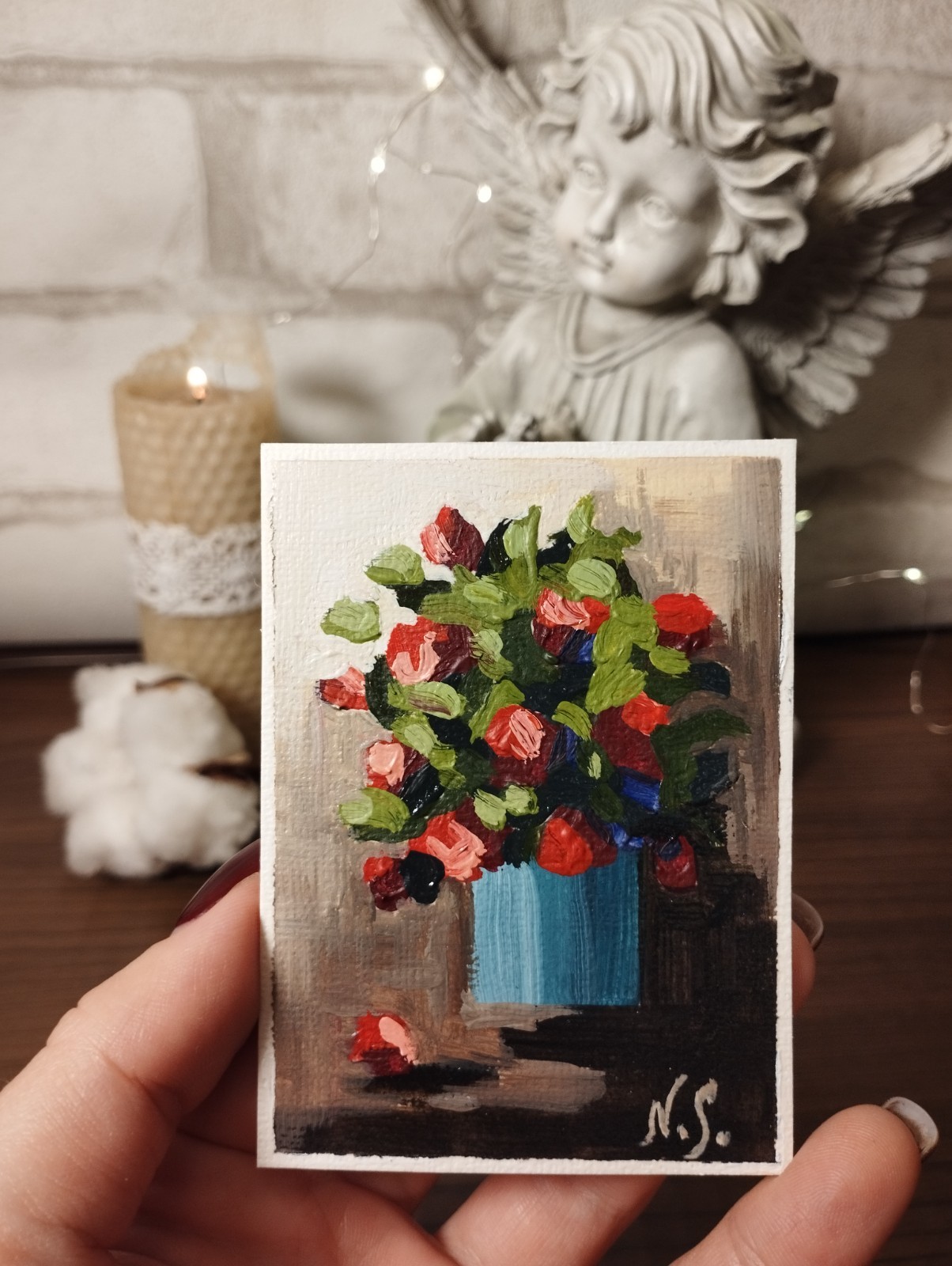 ACEO original oil painting signed art Red roses #1 Ukraine artist