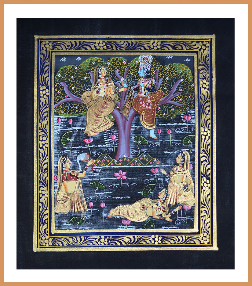 Radha Krishna Miniature Original Painting on Silk Cloth India Natural Colors!