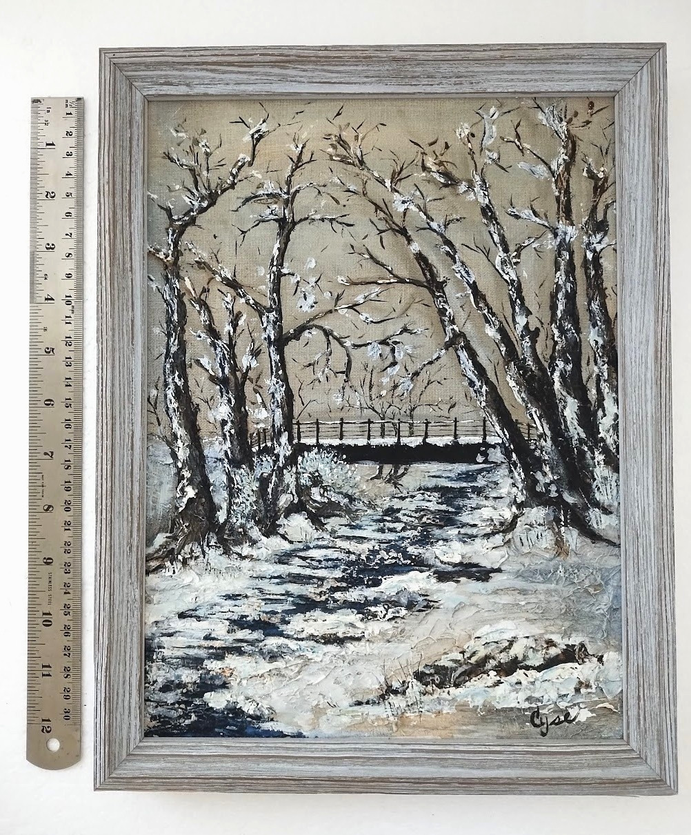 Vtg Framed Winter Bridge Impressionism Painting Impasto Layered Texture Signed