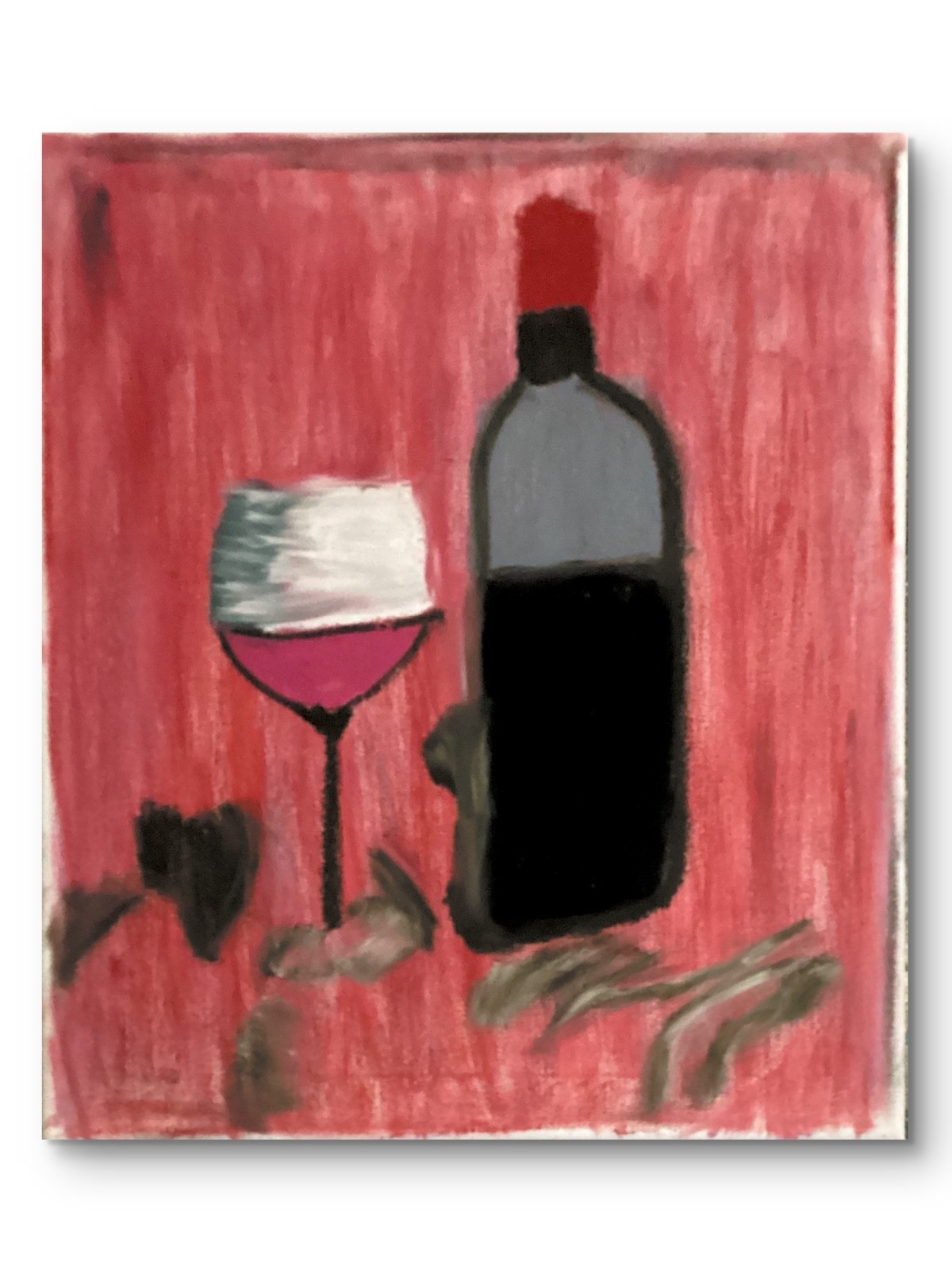 Food Dinner Wine Bottle Original Red Pink Art 11 by 14 Canvas