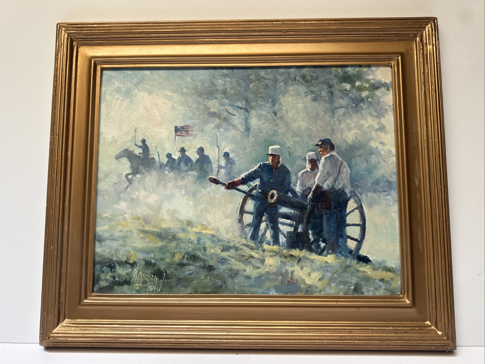 AMERICAN HISTORY PAINTING WAR BATTLE MEN IN BLUE ARCHIE SHAW VINTAGE LISTED OIL