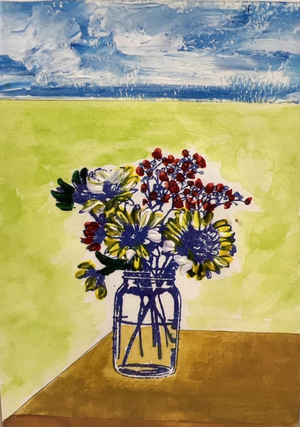 Watercolor and Ink Flowers In Vase Framed Artist Signed Dated