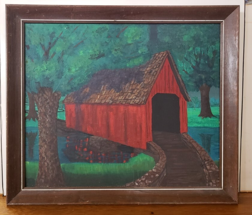 Wood Framed Oil on Board Covered Bridge Over a Creek by Joan Gallagher 1973