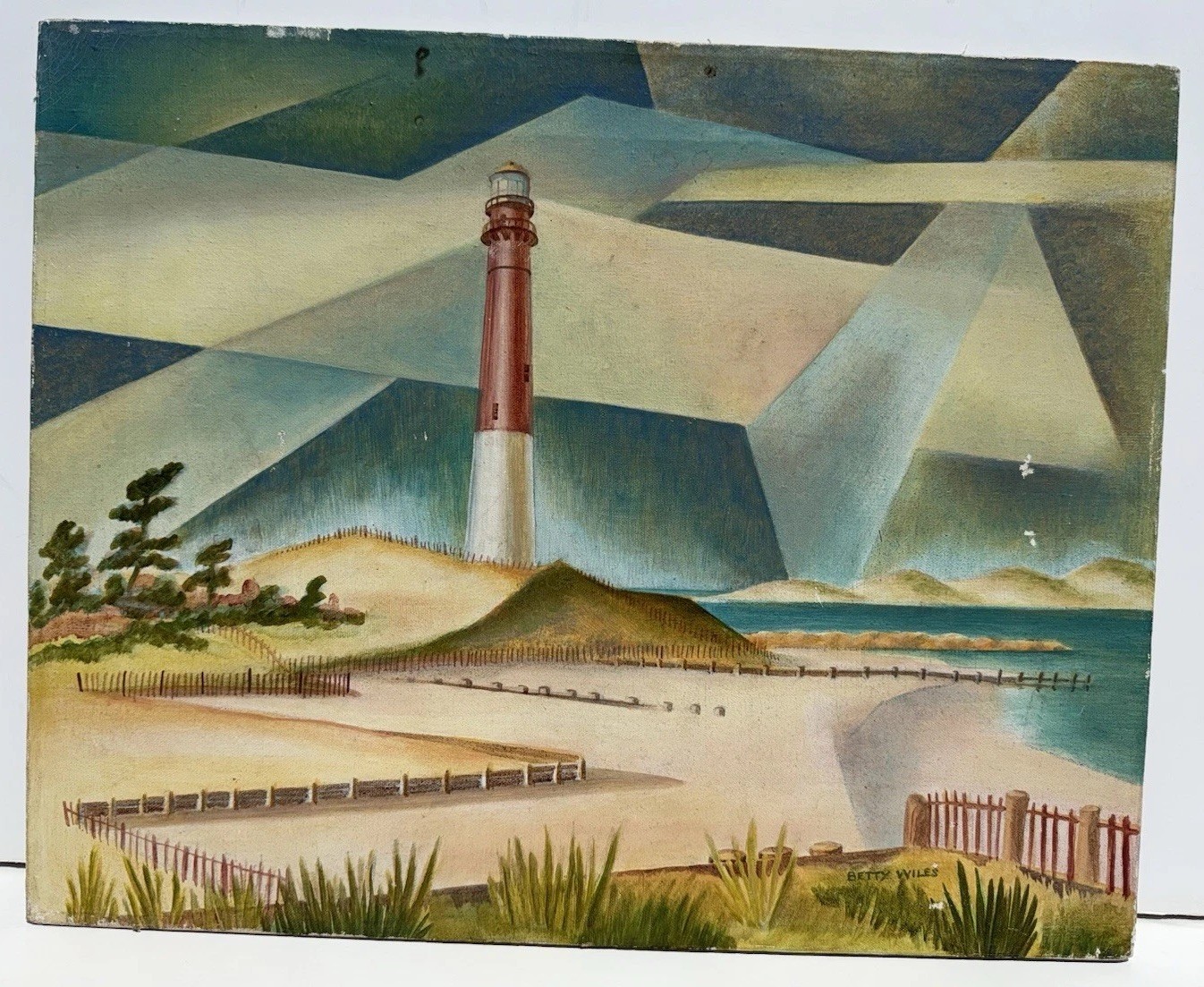 MID CENTURY MODERNIST SEASCAPE BARNEGAT LIGHTHOUSE LONG BEACH ISLAND PAINTING