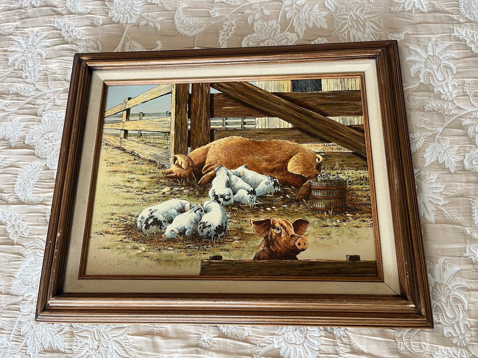 Vintage Farm Pigs Framed Print Rustic Country Wall Art Made in Mexico
