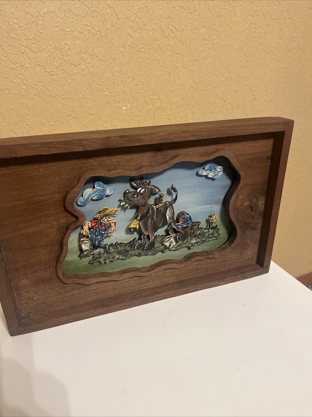 Vintage Hand Carved- Hand Painted- Hand Framed ￼“Where’s The Milk” Picture