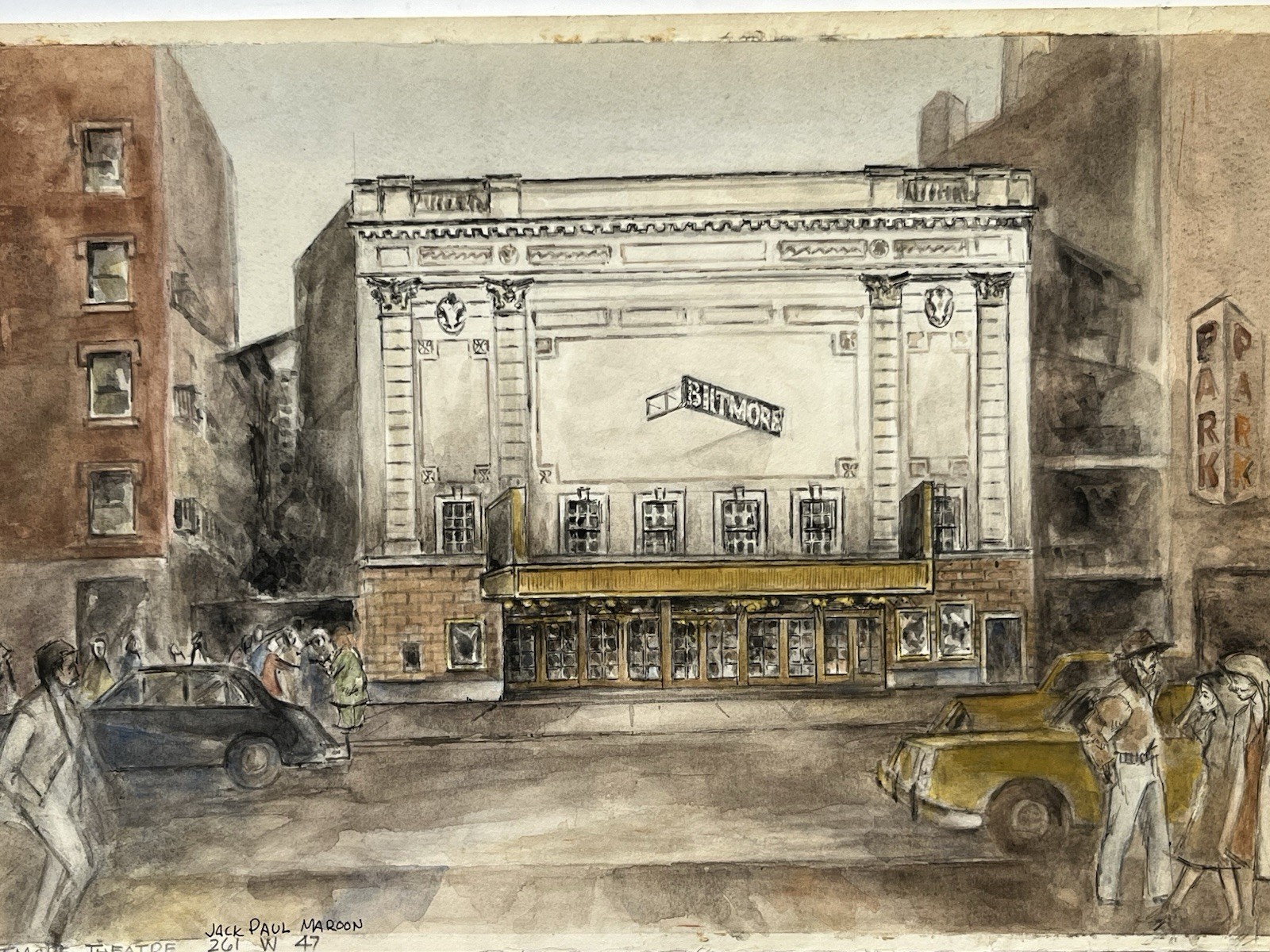 Vintage 70s New York City NYC Street Scene Painting Biltmore Theatre Broadway