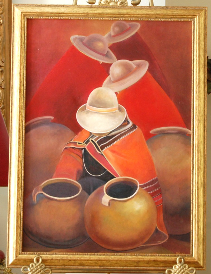 LARGE FRAMED ORIGINAL OIL PERUVIAN WOMEN AND JARS MARKET SCENE ARTIST: VALLE