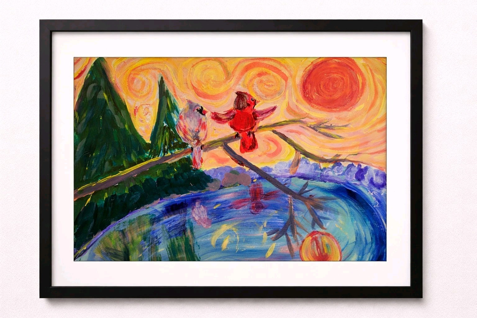 Cardinals Meet the Light Original 12×16 Acrylic Bird Painting