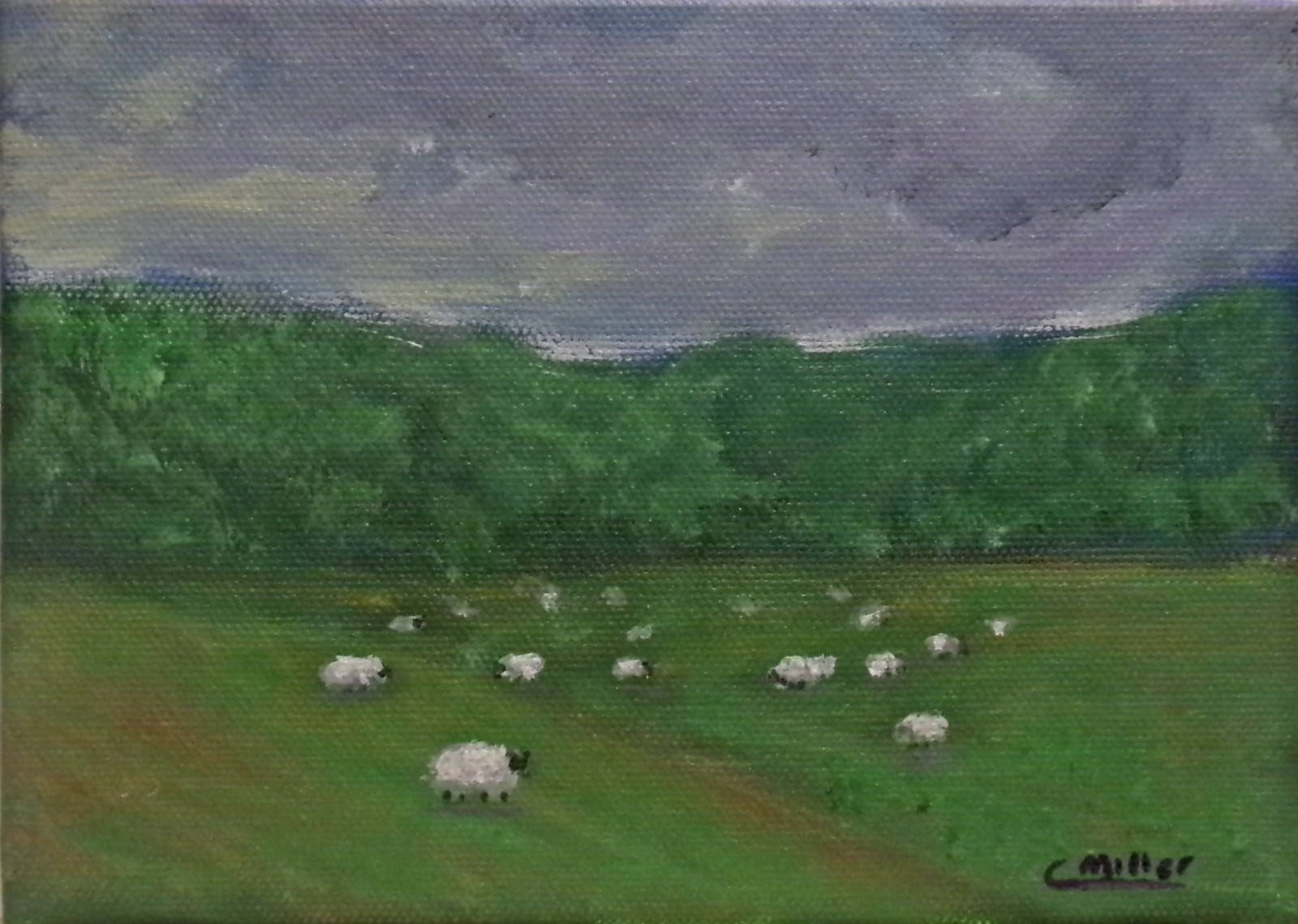 Original Landscape Painting Sheep in Hills 5×7 Acrylic Modern Wall Art