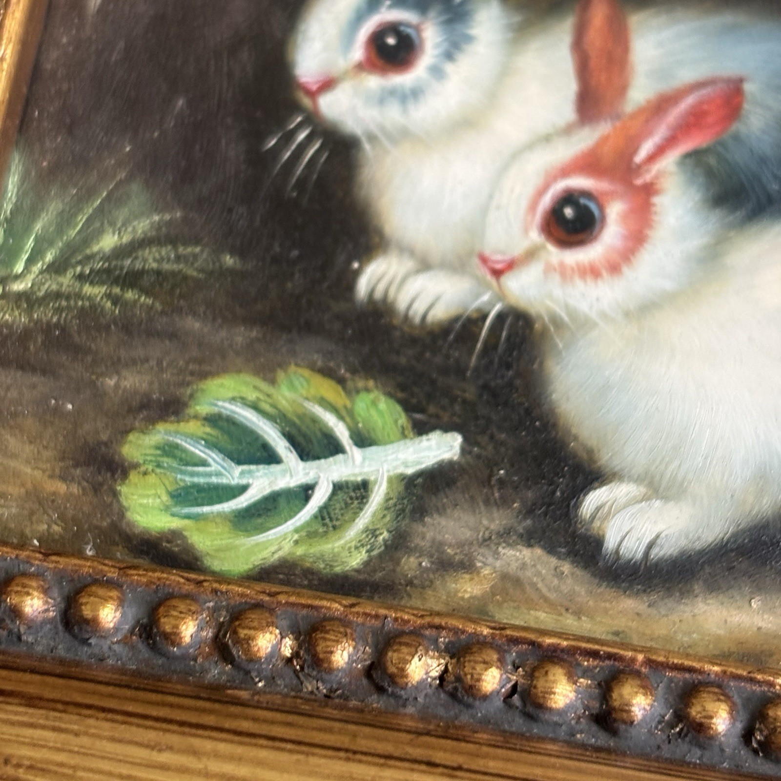 Vintage Bunny Rabbit Painting Gold Frame Ornate French Country Style Florentine