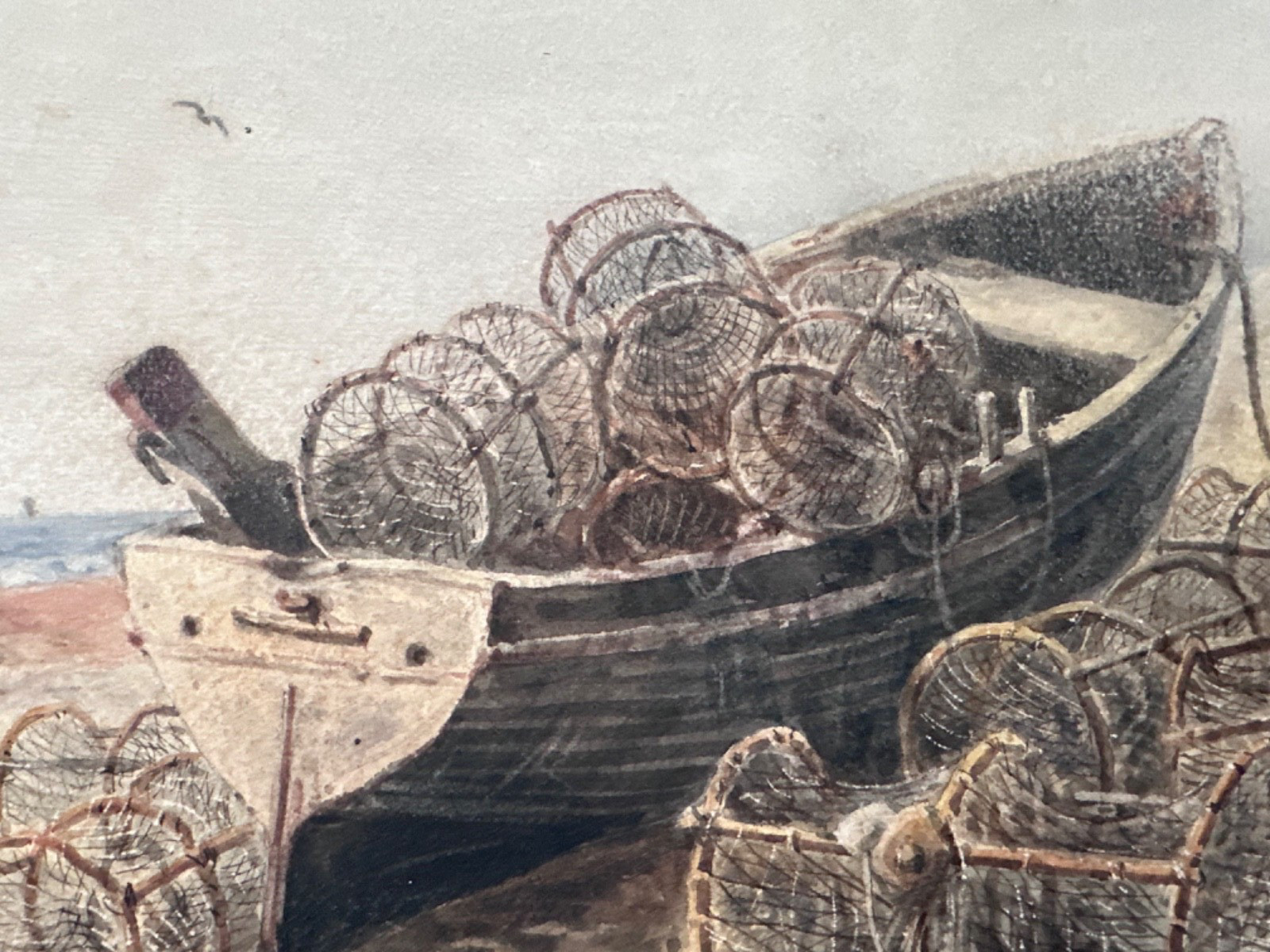 JOHN THORPE 19th C ORIGINAL Watercolor Painting Boat w Lobster Traps VICTORIAN