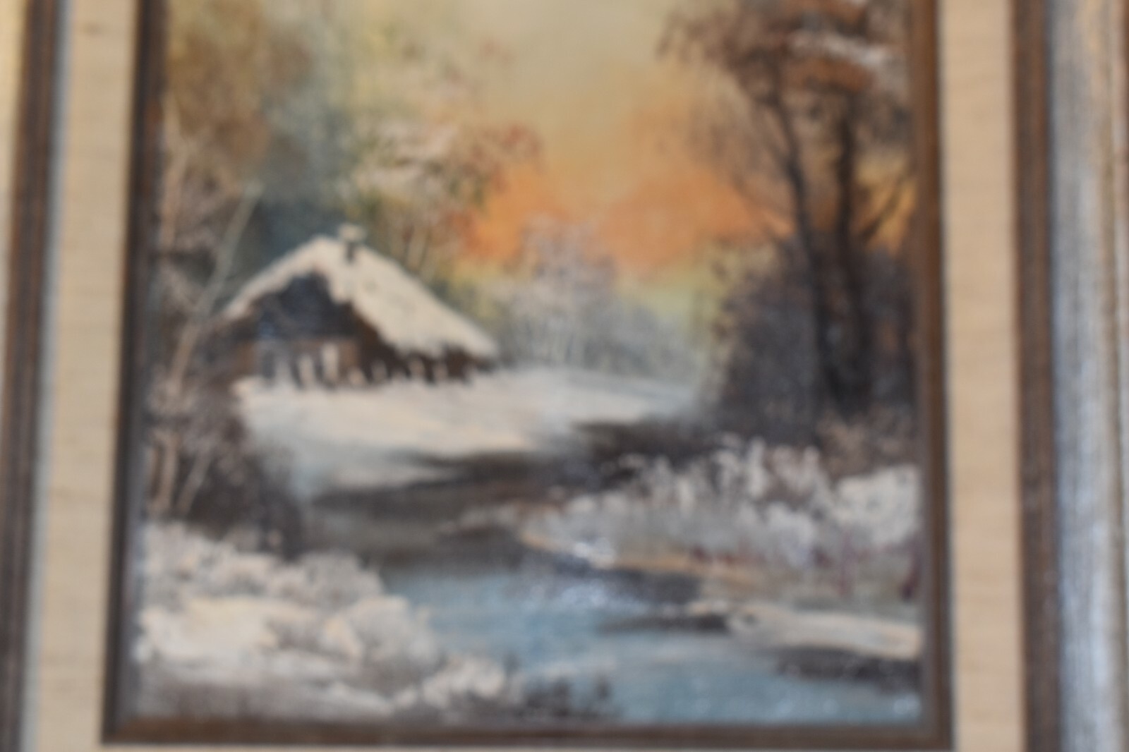 Andre De Jong Winter Cabin Scene Oil on Canvas 10 x 8 in Wood Frame 15 x 13