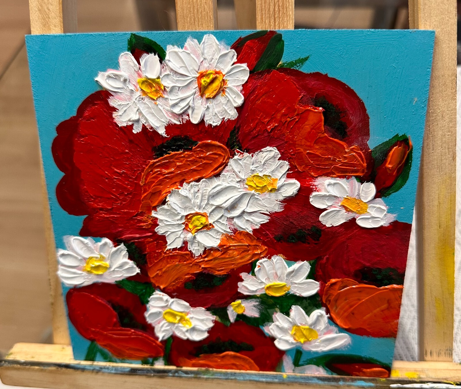 Oil Painting Spring Flowers Red Poppies and Daisies Floral Art Nature Plants
