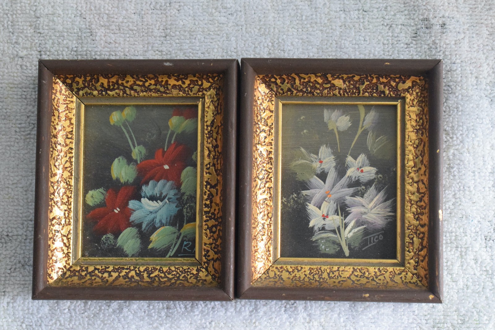 4 VTG Verilyn Gallery Signed Art, Hand-Painted Flowers Gold Frames 3×3.75, SPAIN