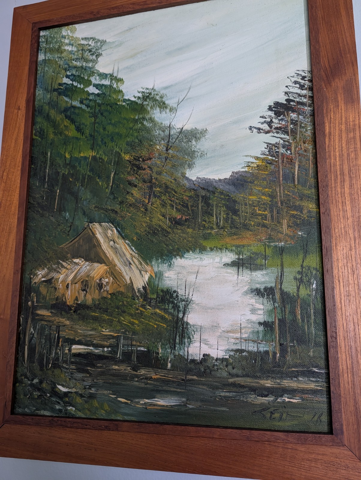 Signed Framed Realism Canvas Painting 1976 Cabin River Forest Landscape