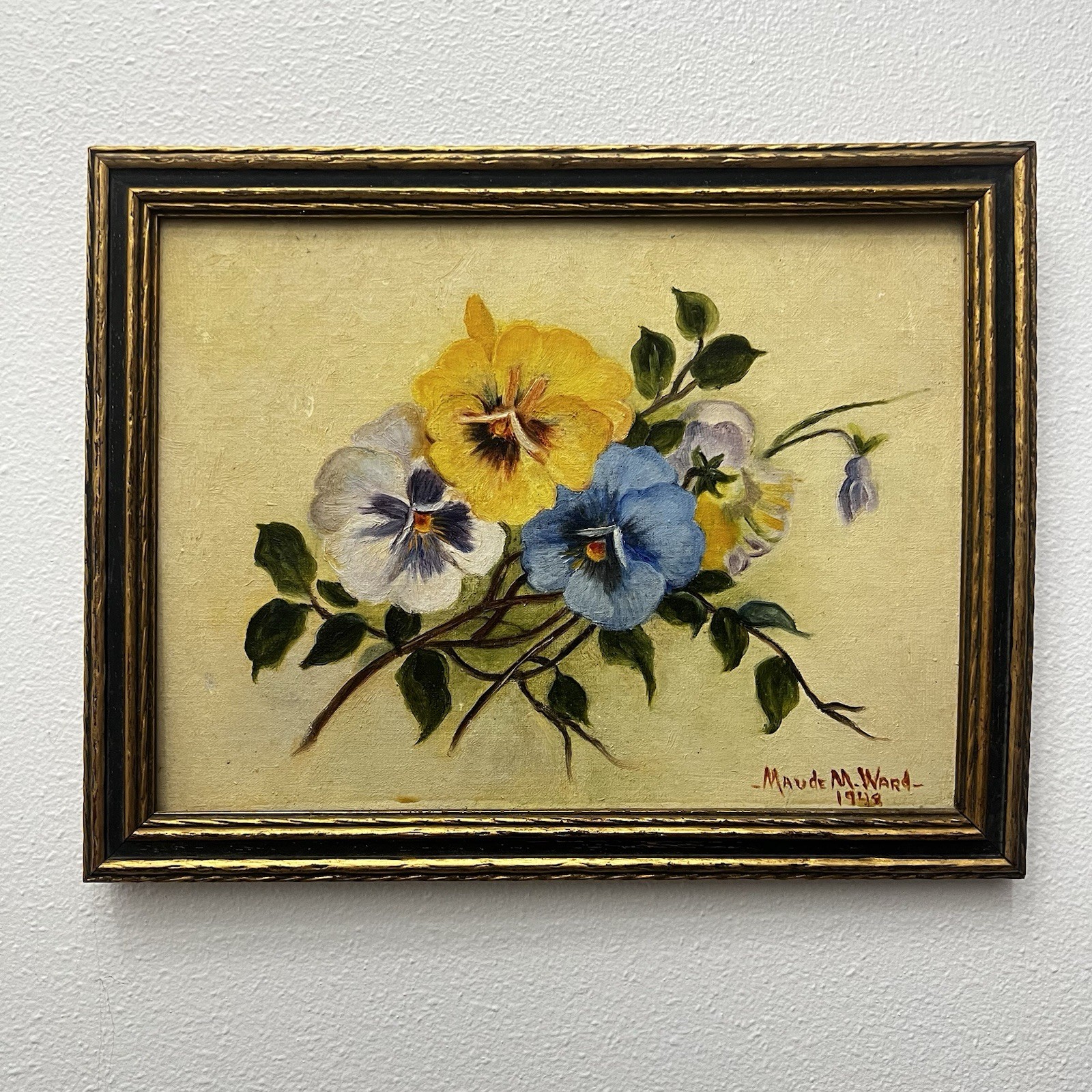 Vintage 1948 Signed Oil Painting Floral Pansies Maude M Ward Framed