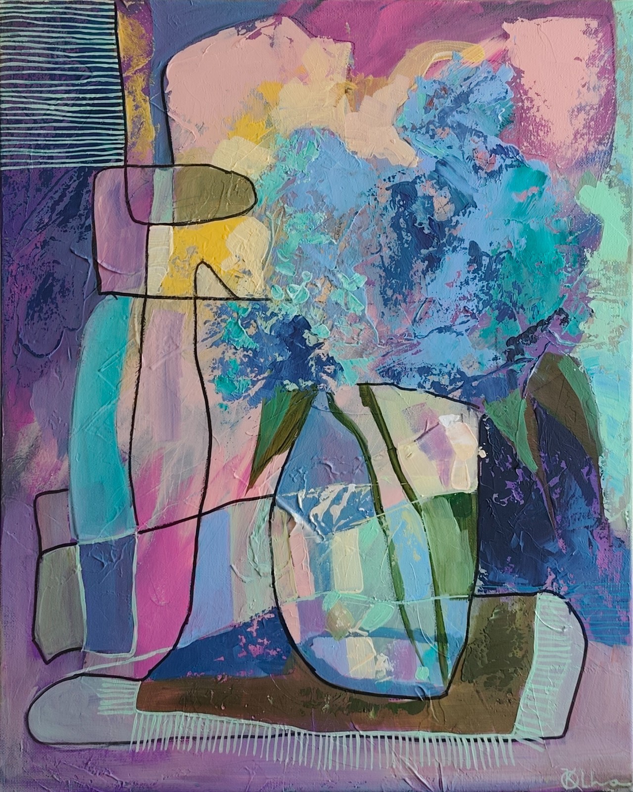 acrylic original painting on canvas with abstract flower on light purple back