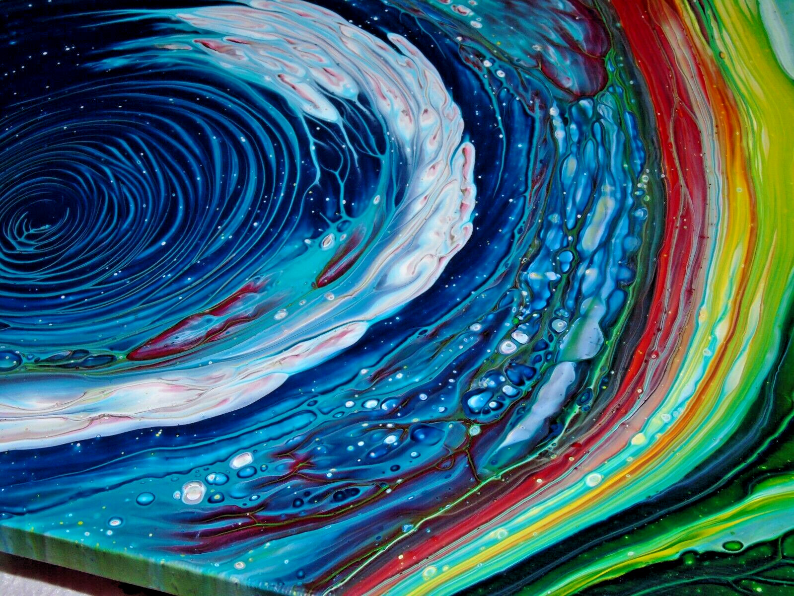 14″x11″ Original Fluid Art RingPaint Pour Technique/Blue, Green & Yellow colors