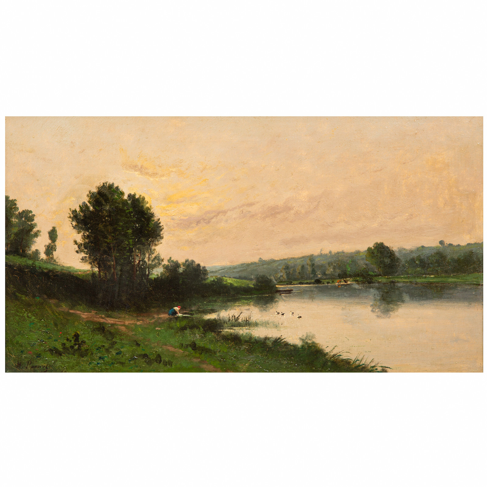 French Barbizon Antique Landscape Oil Painting of Evening River by Henri Perret