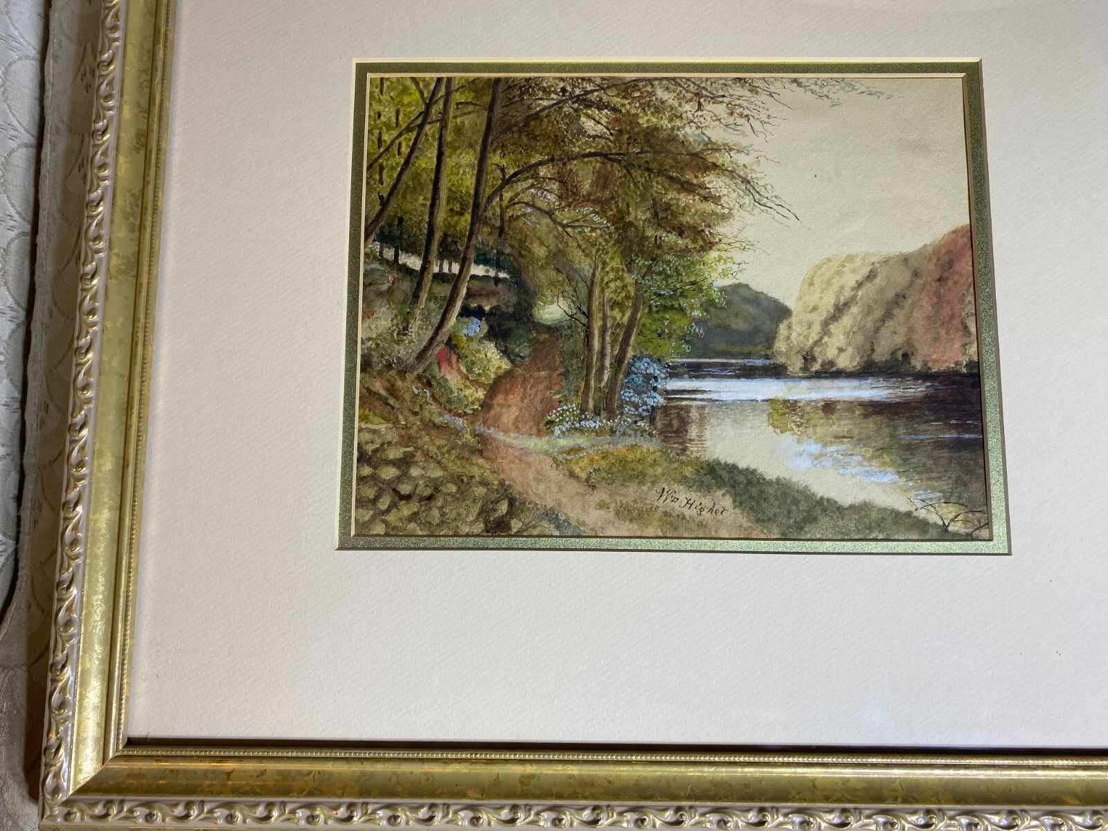 Antique W Higher «River Landscape Scene» Watercolor Painting – Signed And Framed
