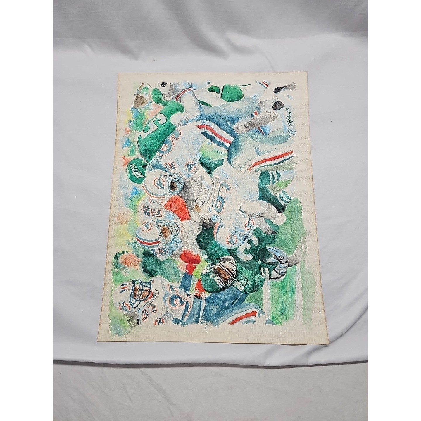 1992 Miami Dolphins NY Jets Signed Watercolor NFL Sports Art 18×23
