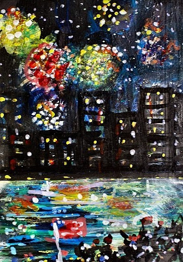 ACEO Original Painting FIREWORKS Summer CITY Building Ocean 4th July USA ATC ART